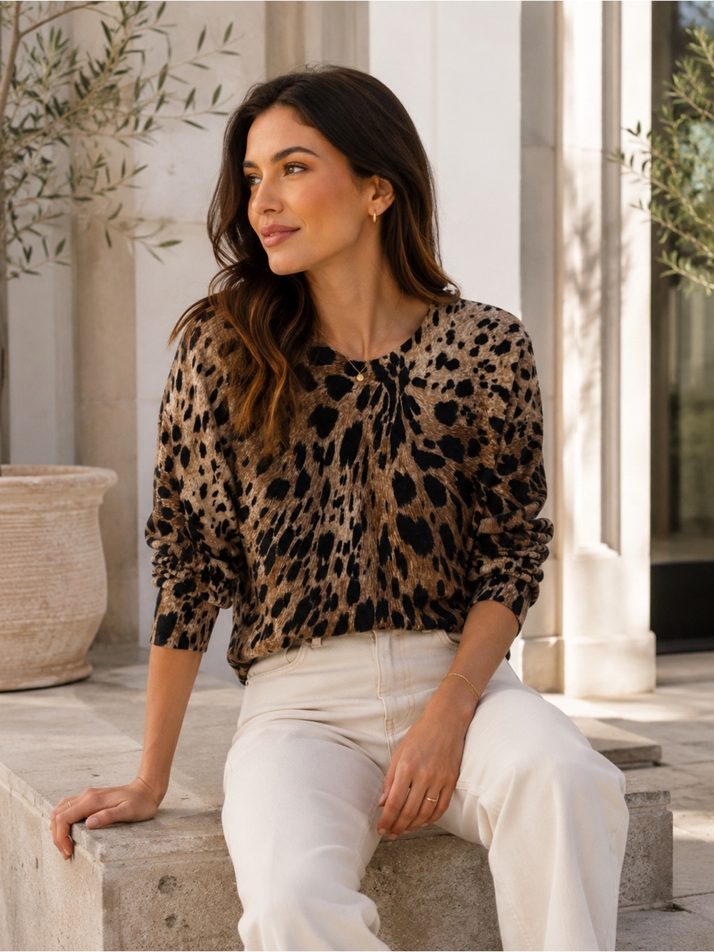 Anne Klein Leopard-Print Pullover in Brown and Black 100% Cashmere